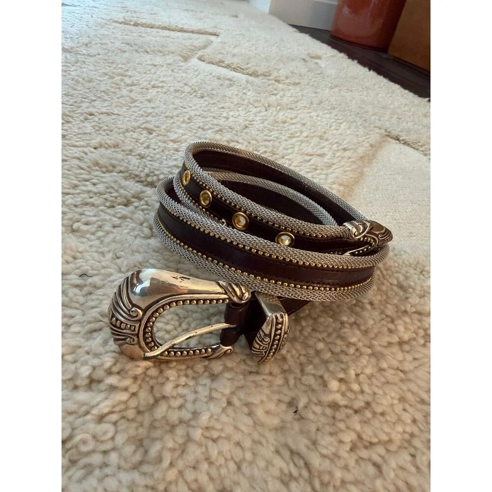 Vintage Mixed Metal Silver Mesh Dark Brown Leather Western Belt Gold Grommets
